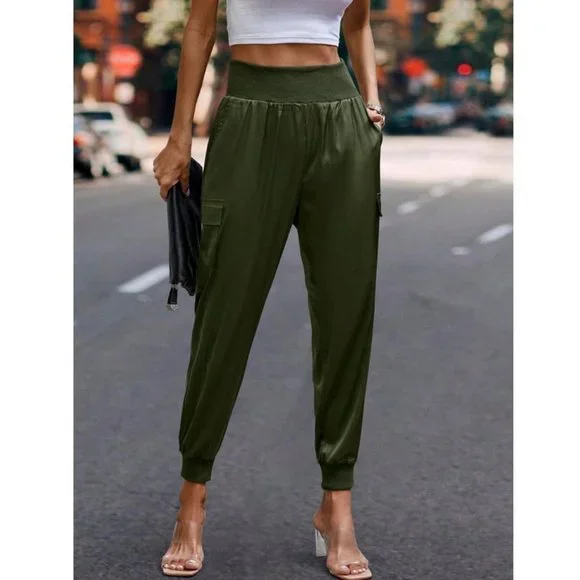 Luxe Look Satin Pocketed High Waist Joggers - Army Green - Picture 4 of 6